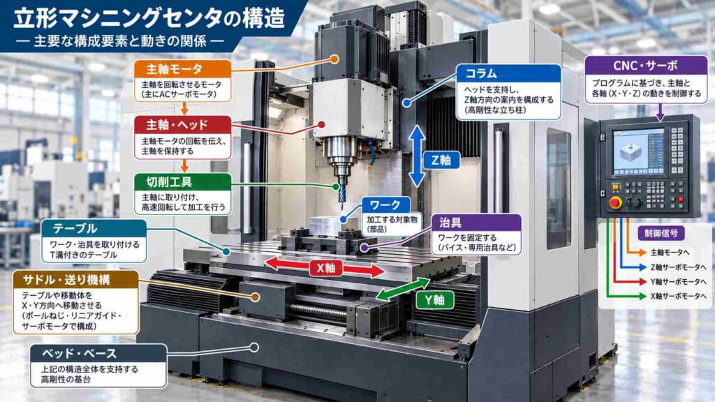 立形マシニングセンタの主軸モータ、主軸・ヘッド、コラム、テーブル、治具、ワーク、サドル・送り機構、ベッド・ベース、CNC・サーボの関係を示した構造イメージ図